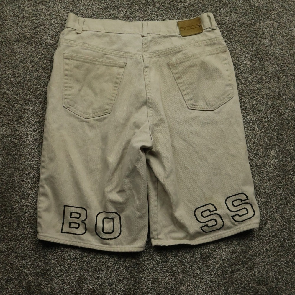 Vintage BOSS Shorts Men's 32  Beige Casual Wear Distressed y2k Graphic